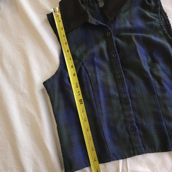Hot Topic Green Blue Plaid Flannel Sleeveless Button Up Collared Vest 90s y2k - Picture 3 of 9